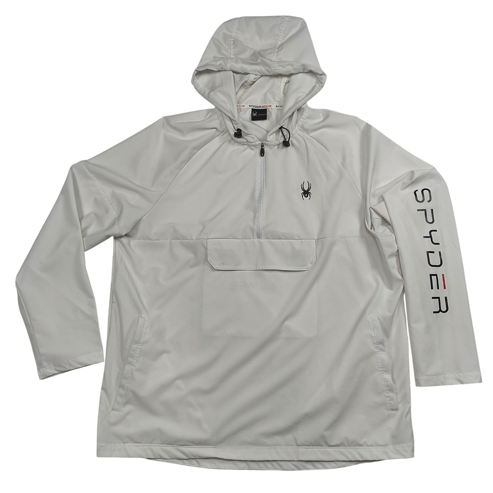 Spyder Active Mens XL White 1/4 Zip Hooded Anorak Windbreaker Jacket Pullover